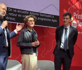 De gauche à droite : Antoine Saintoyant, directeur de la Banque des Territoires, Bénédicte Durand, présidente du réseau des Crous, Philippe Baptiste, ministre de l'Enseignement supérieur, de la Recherche et de l'Espace