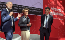 De gauche à droite : Antoine Saintoyant, directeur de la Banque des Territoires, Bénédicte Durand, présidente du réseau des Crous, Philippe Baptiste, ministre de l'Enseignement supérieur, de la Recherche et de l'Espace